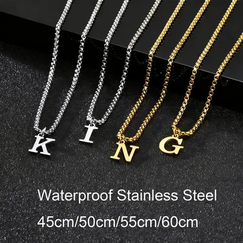 Simple Stainless Steel Initials Letters Necklace for Men Women,Hip Hop Gold Silver Color Box Chain Collars Jewelry Gift