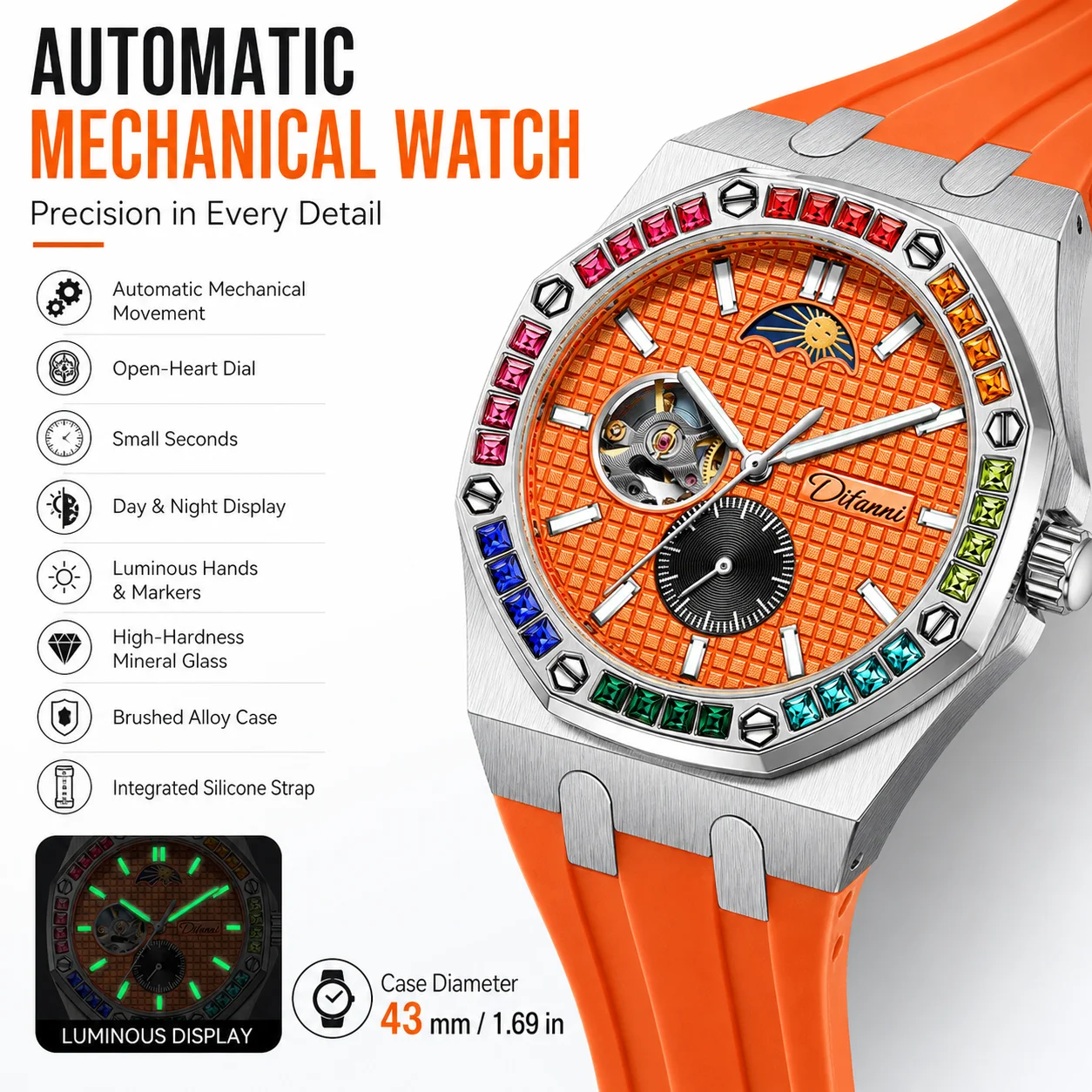 Men's Automatic Mechanical Watch 43mm Large Face Open Heart Luminous Color Gem Bezel Orange Silicone Strap
Men's Automatic Mechanical Watch 43mm Large Face Open Heart Luminous Color Gem Bezel Orange Silicone Strap