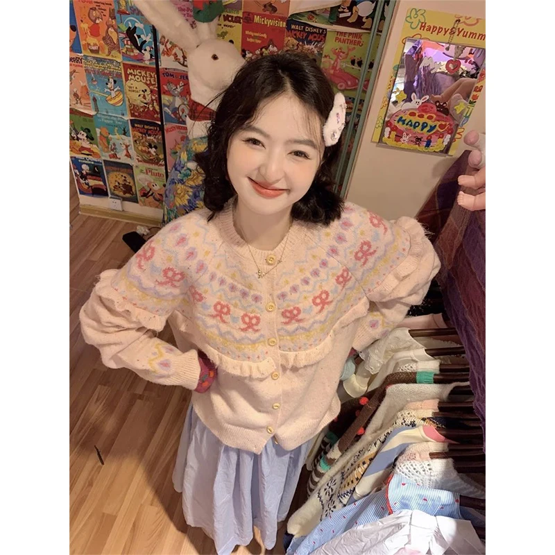 Kawaii Bow Pink Knitted Cardigan Women Vintage Print Patchwork Sweater Outerwear Korean Aesthetic Knitwear Long Sleeve Jumpers
Kawaii Bow Pink Knitted Cardigan Women Vintage Print Patchwork Sweater Outerwear Korean Aesthetic Knitwear Long Sleeve Jumpers