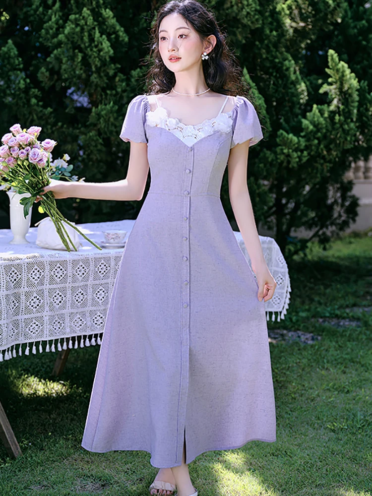 Women Purple Puff Sleeve Chic Lace Square Collar Long Dress Summer Elegant Casual Home Dress 2025 Korean Vintage Bodycon Dresses
Women Purple Puff Sleeve Chic Lace Square Collar Long Dress Summer Elegant Casual Home Dress 2025 Korean Vintage Bodycon Dresses