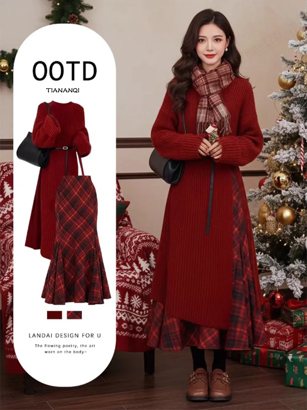 Christmas Red Knitted Sweater And Plaid Fish Tail Skirt Two Piece Set for Young Women Gentle Style Autumn Winter Fashion
Christmas Red Knitted Sweater And Plaid Fish Tail Skirt Two Piece Set for Young Women Gentle Style Autumn Winter Fashion