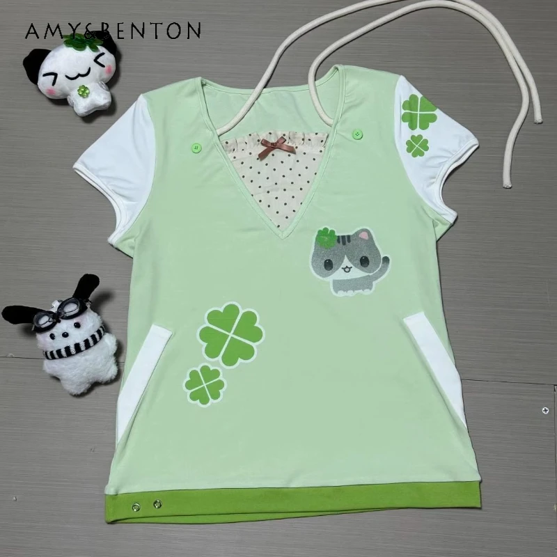Japanese Green Animal Print Women's T-Shirt Summer Bowknot Polka Dot Splicing Slimming Versatile Short Sleeve T-Shirt Ladies
Japanese Green Animal Print Women's T-Shirt Summer Bowknot Polka Dot Splicing Slimming Versatile Short Sleeve T-Shirt Ladies