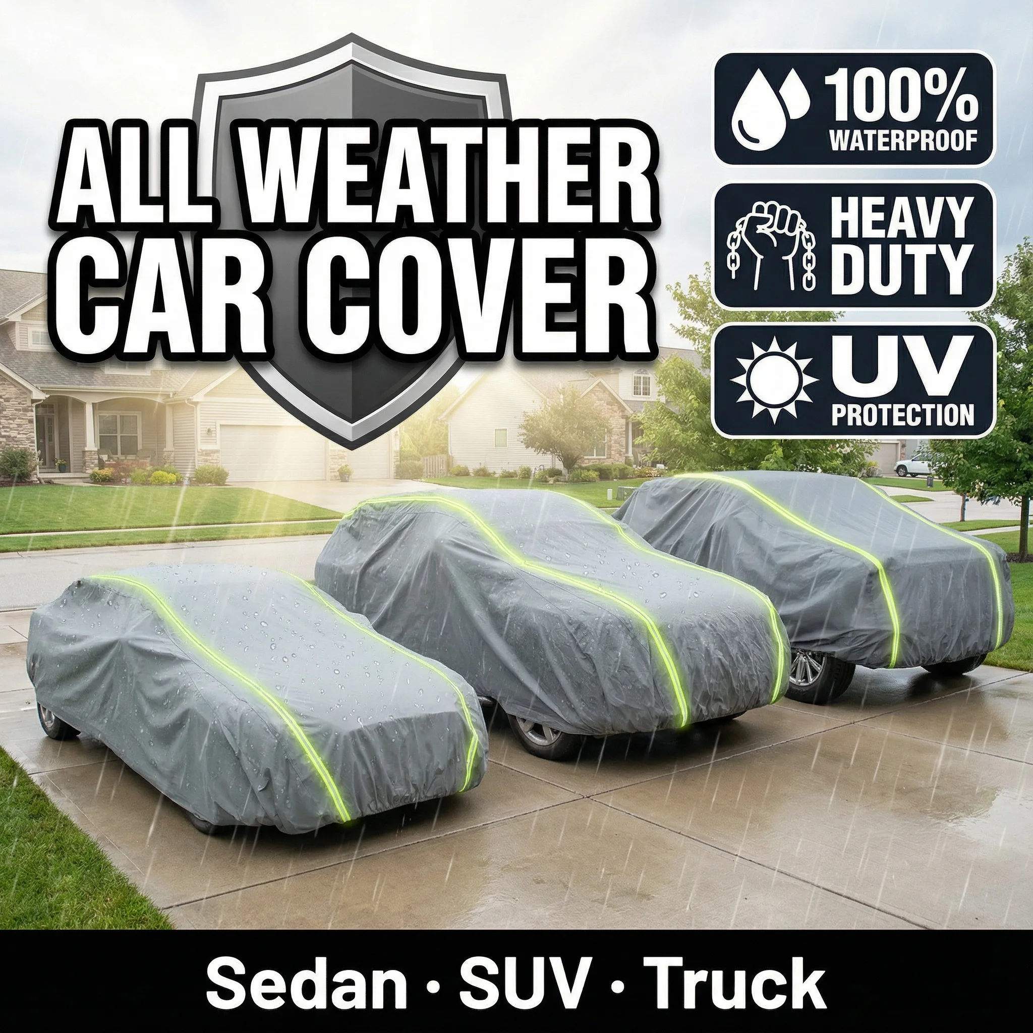 Heavy-Duty All-Weather Waterproof Car Cover Compatible for Sedan/SUV/Truck - Fit Outdoor Vehicle with UV Resistant, Windproof
Heavy-Duty All-Weather Waterproof Car Cover Compatible for Sedan/SUV/Truck - Fit Outdoor Vehicle with UV Resistant, Windproof