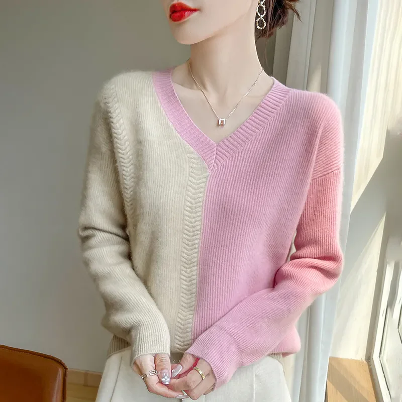 Осень-зима, новый цветной свитер, женский вязаный пуловер, модный трикотаж с v-образным вырезом, свитер, свободный джемпер, модные топы T1532 
Осень-зима, новый цветной свитер, женский вязаный пуловер, модный трикотаж с v-образным вырезом, свитер, свободный джемпер, модные топы T1532