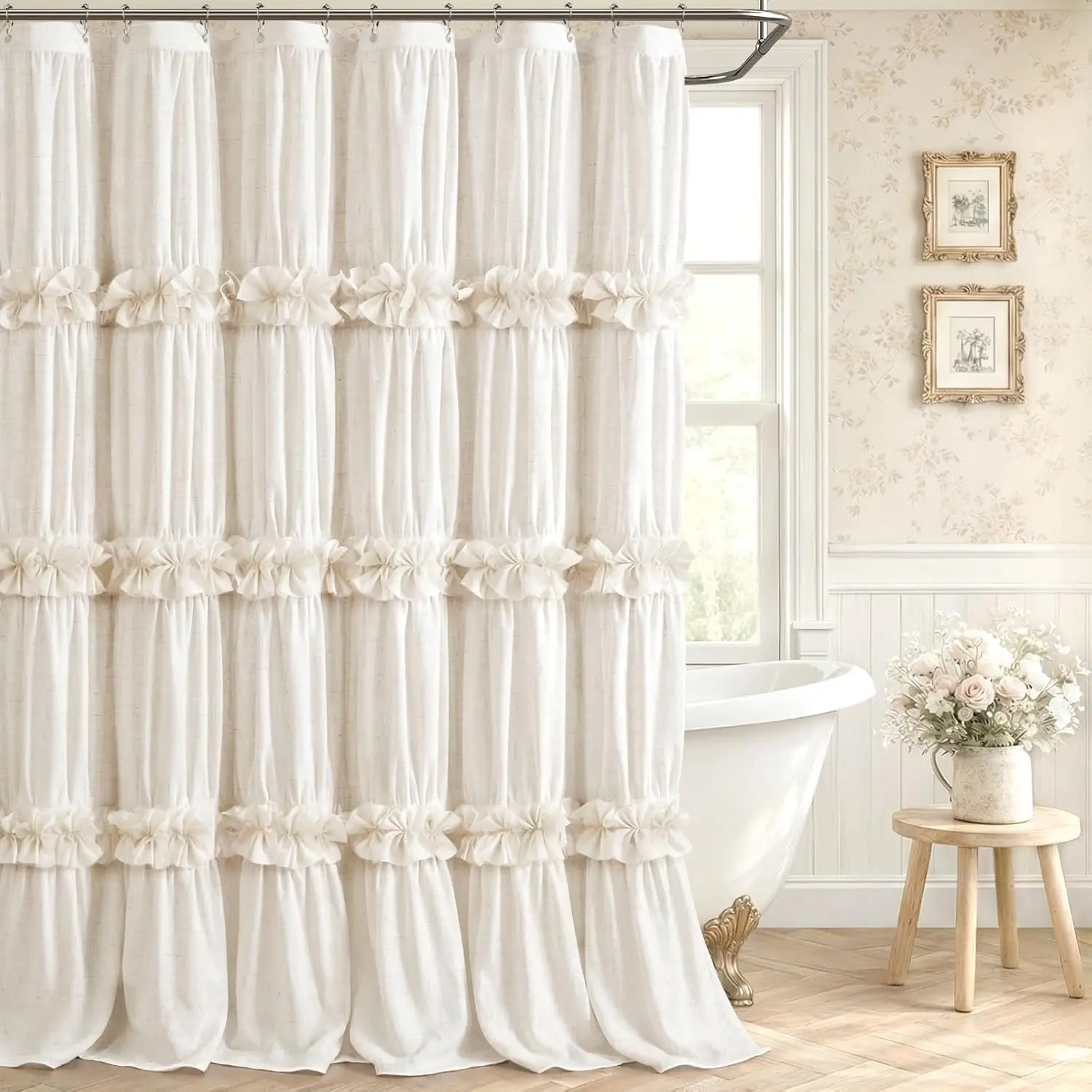 Ruffle Shower Curtain with Bow Vintage Farmhouse Linen Shower Curtain for Bathroom, Cream, 72" W x 72" H
Ruffle Shower Curtain with Bow Vintage Farmhouse Linen Shower Curtain for Bathroom, Cream, 72" W x 72" H