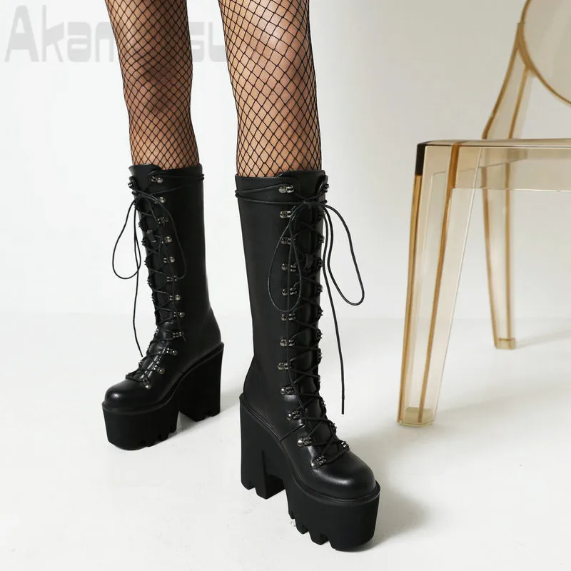 Punk Style Women's Long Boots Thick Sole Thick Heel Super High Heel Leather Front Lace Up Boots Fashionable Women's Boots
Punk Style Women's Long Boots Thick Sole Thick Heel Super High Heel Leather Front Lace Up Boots Fashionable Women's Boots