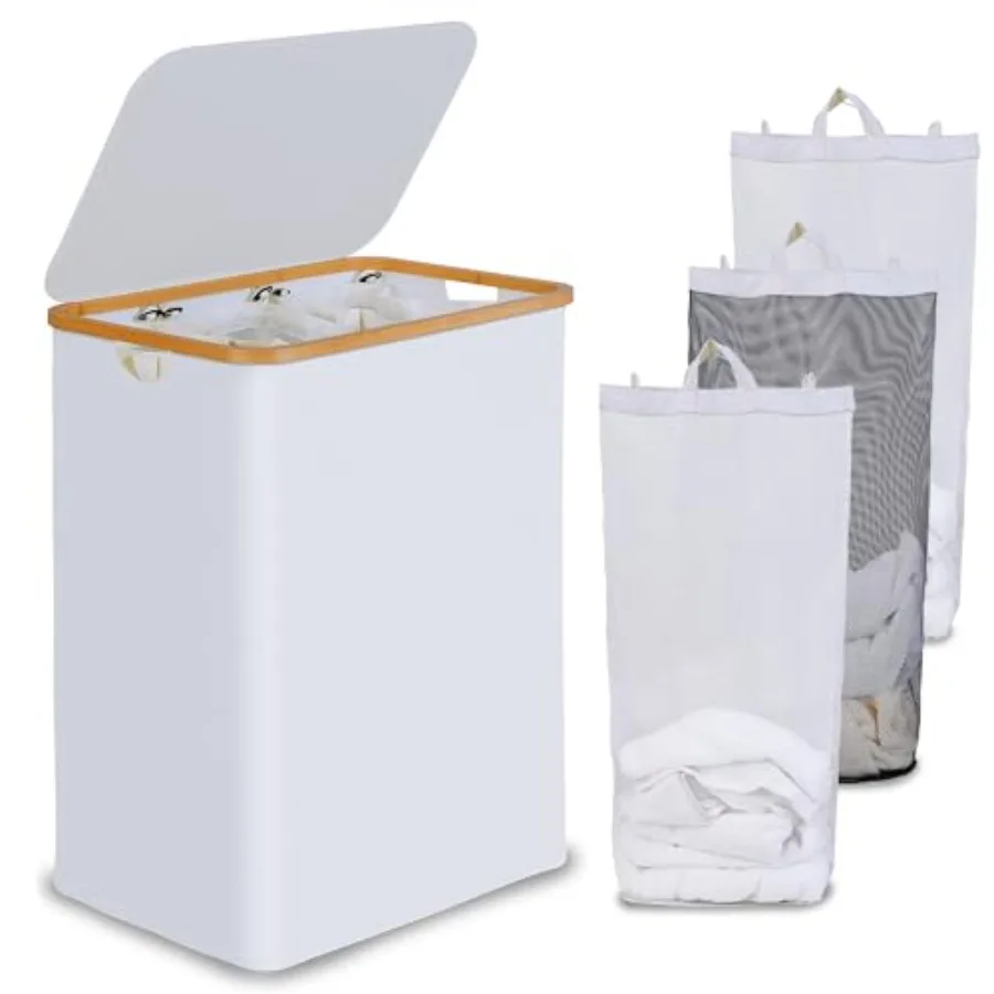 Laundry Hamper with Lid, Trio Laundry Basket with 2 Removable Bags, 3 Section Laundry Bin with Bamboo Handles for Bathroom, Bed
Laundry Hamper with Lid, Trio Laundry Basket with 2 Removable Bags, 3 Section Laundry Bin with Bamboo Handles for Bathroom, Bed