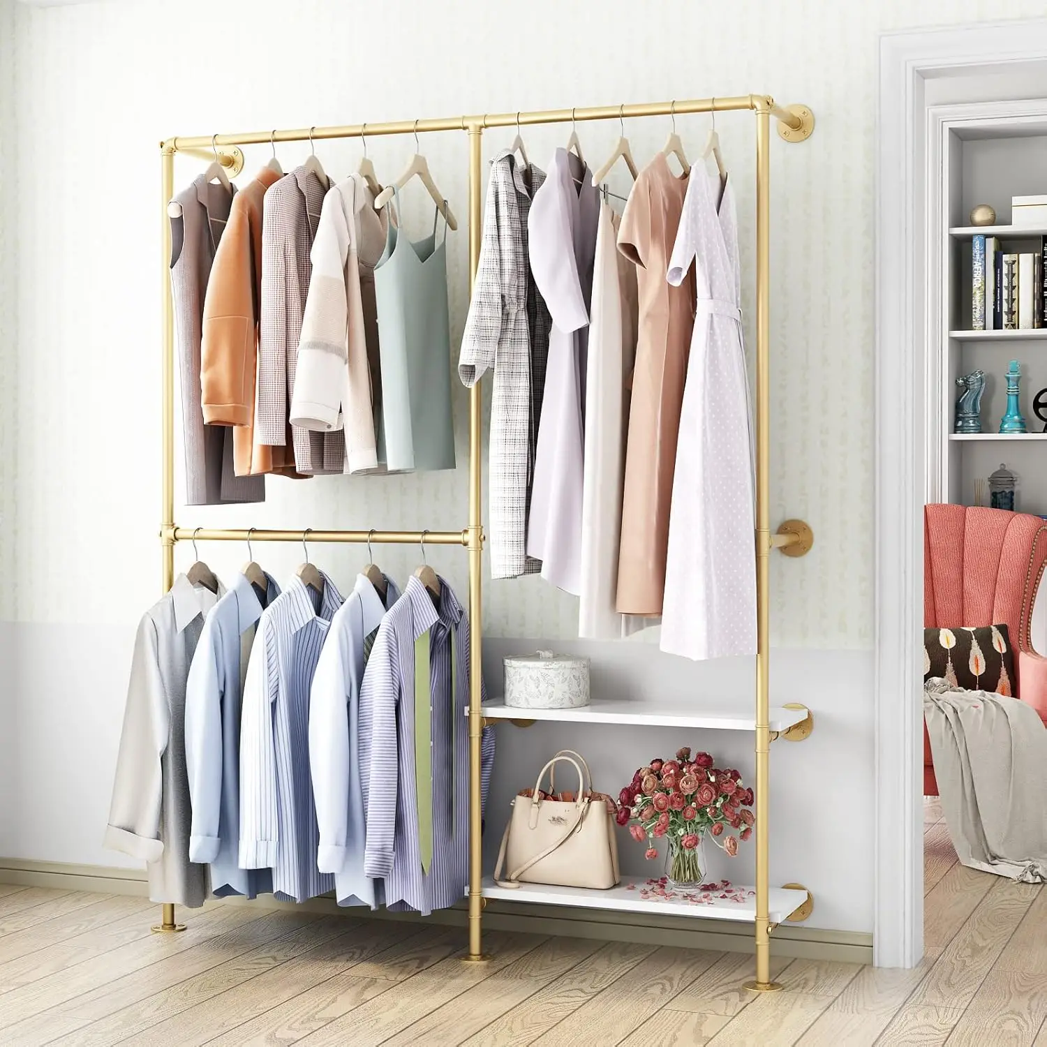 Gold Pipe Clothes Rack White Shelf Double Hanging Rod Wall Mounted Heavy Duty Clothing Storage Closet Bedroom
Gold Pipe Clothes Rack White Shelf Double Hanging Rod Wall Mounted Heavy Duty Clothing Storage Closet Bedroom