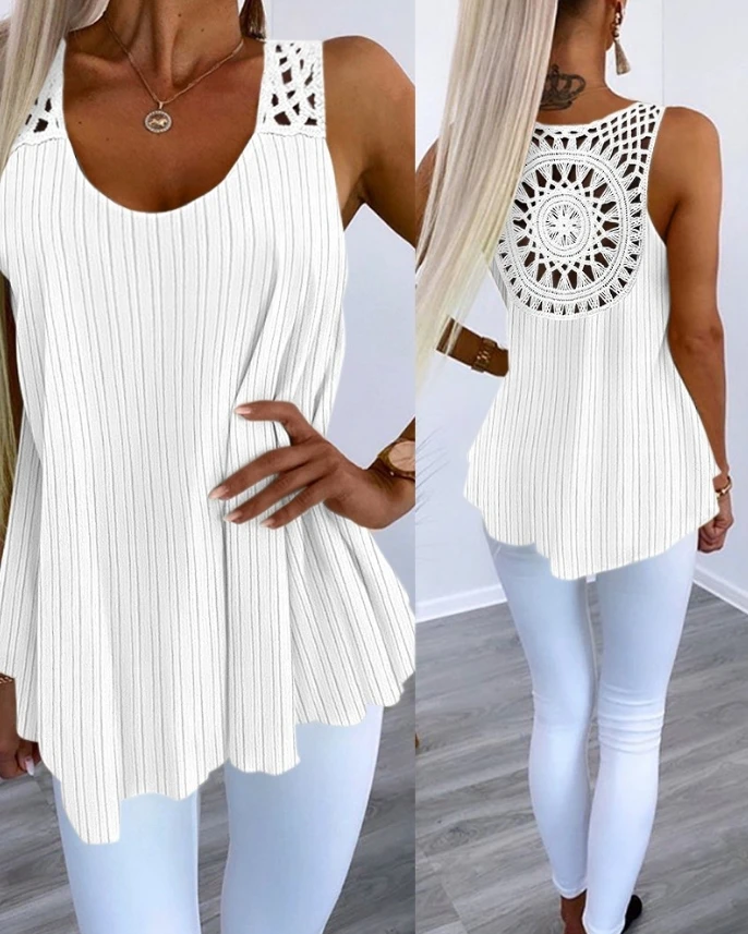 Elegant Women's Top 2024 Summer Round Neck Hollow Hooked Lace Details Ribbed Double Layer Chiffon Vacation Top Women's Clothing
Elegant Women's Top 2024 Summer Round Neck Hollow Hooked Lace Details Ribbed Double Layer Chiffon Vacation Top Women's Clothing