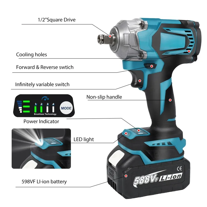 【Premium】1200N.M Torque Brushless Electric Impact Wrench 1/2 Inch 4 Speed Cordless Electric Wrench With LED Light For 18V Batt
【Premium】1200N.M Torque Brushless Electric Impact Wrench 1/2 Inch 4 Speed Cordless Electric Wrench With LED Light For 18V Batt