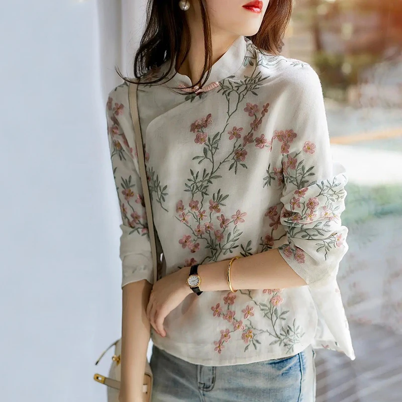 Хлопково-льняная одежда с цветочным принтом, длинный воротник-стойка, воротник-стойка на пуговицах, женская осенняя одежда больших размеров, удобная свободная посадка 
Хлопково-льняная одежда с цветочным принтом, длинный воротник-стойка, воротник-стойка на пуговицах, женская осенняя одежда больших размеров, удобная свободная посадка