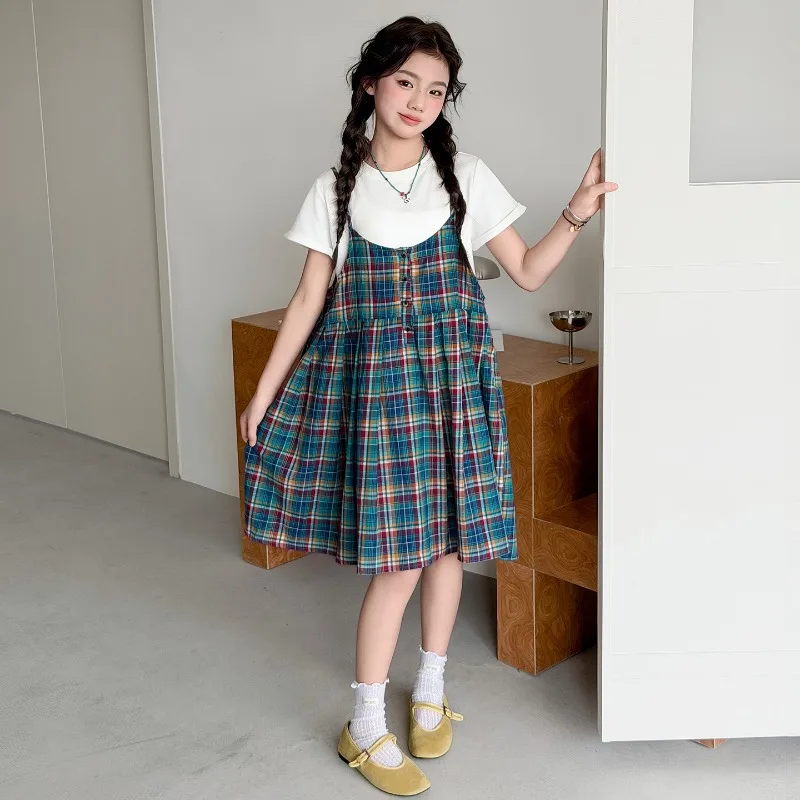Girls Suit Summer 2026 White Short Sleeve T-Shirt And Plaid Spaghetti Strap Dress Two Piece Set Casual Children's Clothing
Girls Suit Summer 2026 White Short Sleeve T-Shirt And Plaid Spaghetti Strap Dress Two Piece Set Casual Children's Clothing