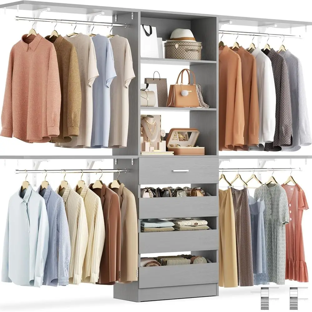4-Shelf 8-Foot Wooden Walk-in Closet Organizer System with Clothes Rack, 4-9 Cubic Feet Capacity, Grey
4-Shelf 8-Foot Wooden Walk-in Closet Organizer System with Clothes Rack, 4-9 Cubic Feet Capacity, Grey