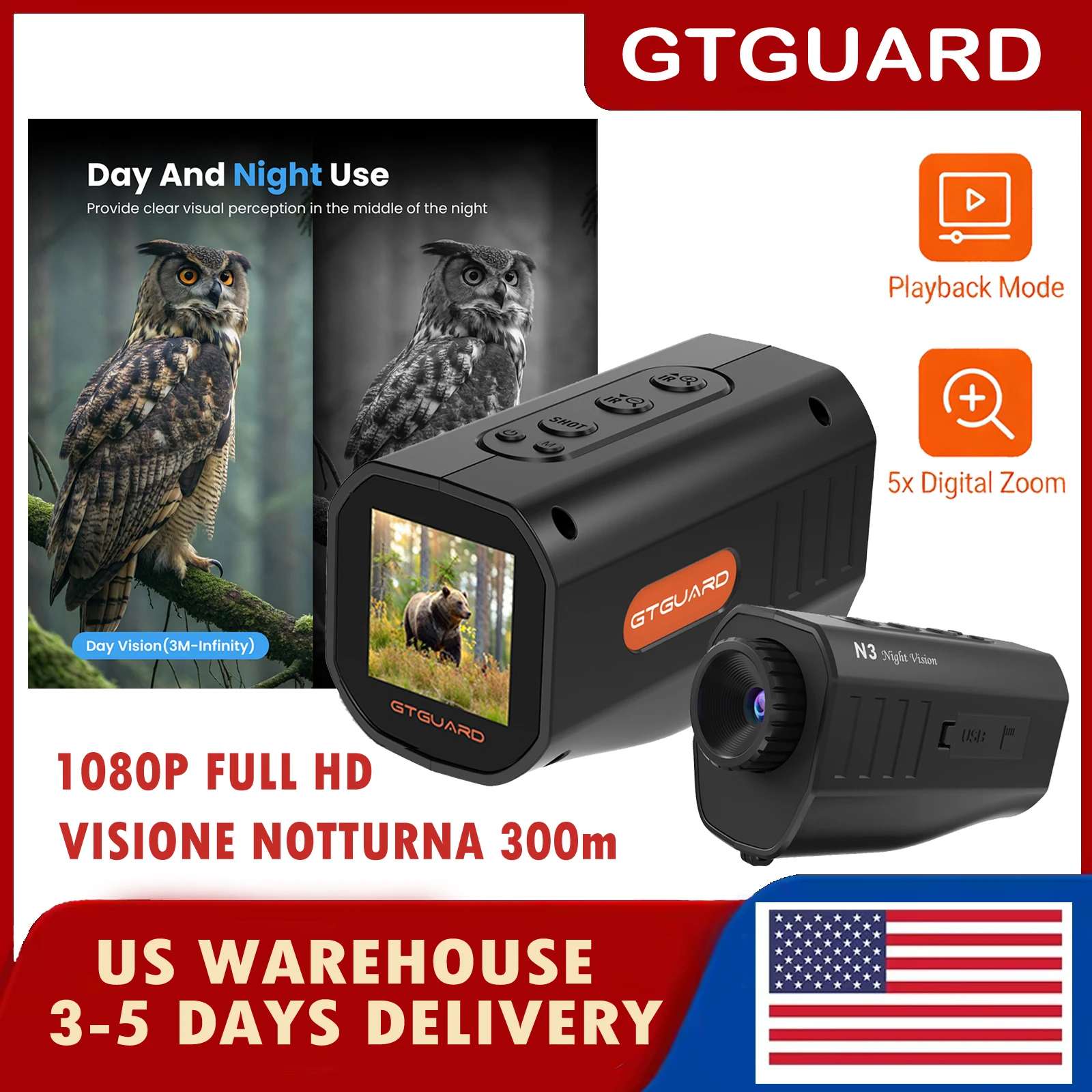 GTGUARD N3 4K Night Vision Monoculars 5X Digital Zoom 2.95” Large Screen Handheld for Outdoor Camping Field Observation for US
GTGUARD N3 4K Night Vision Monoculars 5X Digital Zoom 2.95” Large Screen Handheld for Outdoor Camping Field Observation for US