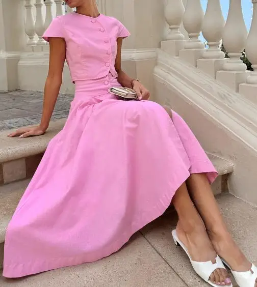 Two Piece Set Women Outfit 2025 Summer New Pink Cotton Round Neck Short Sleeve Crop Top & High Waist Casual Long Skirt Set
Two Piece Set Women Outfit 2025 Summer New Pink Cotton Round Neck Short Sleeve Crop Top & High Waist Casual Long Skirt Set