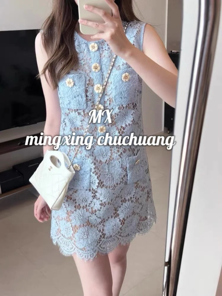 Summer Floral Lace Vest A-Line Sleeveless Blue Dress Women's High Waist Short Skirt Gown Tagkita Brand Cotton Polyester Fabric
Summer Floral Lace Vest A-Line Sleeveless Blue Dress Women's High Waist Short Skirt Gown Tagkita Brand Cotton Polyester Fabric