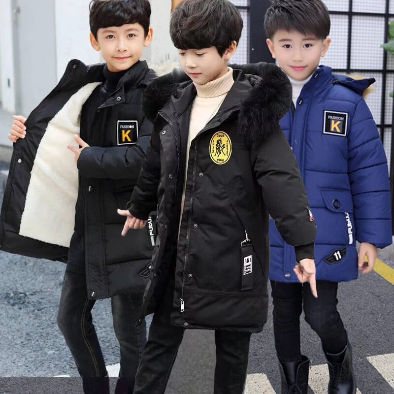 Очень теплая зимняя куртка для мальчиков от 4 до 14 лет, длинное стильное пальто с большим воротником для волос, плотное пальто с капюшоном для детей, верхняя одежда для детей