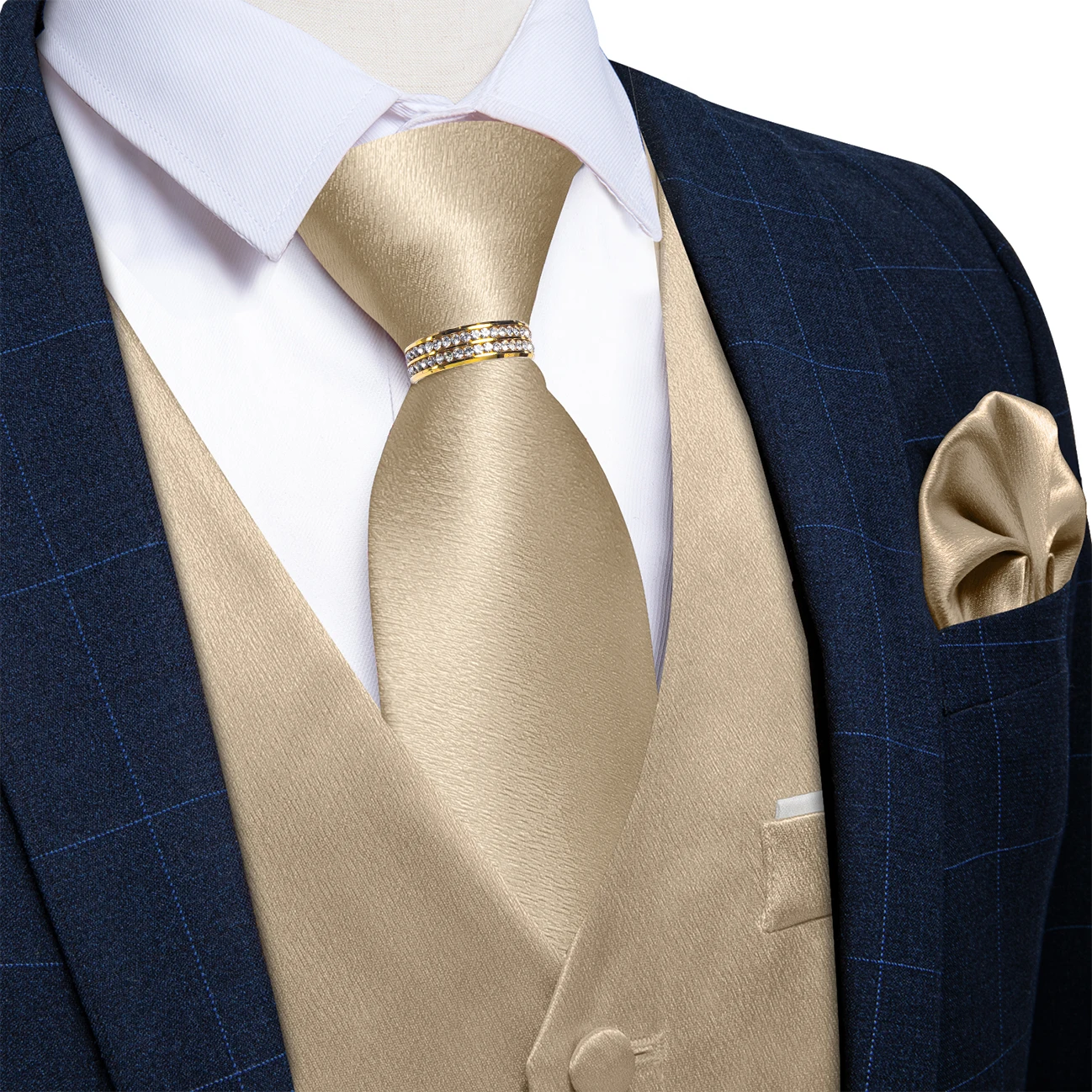 Champagne Matte Plain V-Neck Vest Combo Tie Square Cufflinks Shiny Ring For Office Event Wedding Ceremony
Champagne Matte Plain V-Neck Vest Combo Tie Square Cufflinks Shiny Ring For Office Event Wedding Ceremony