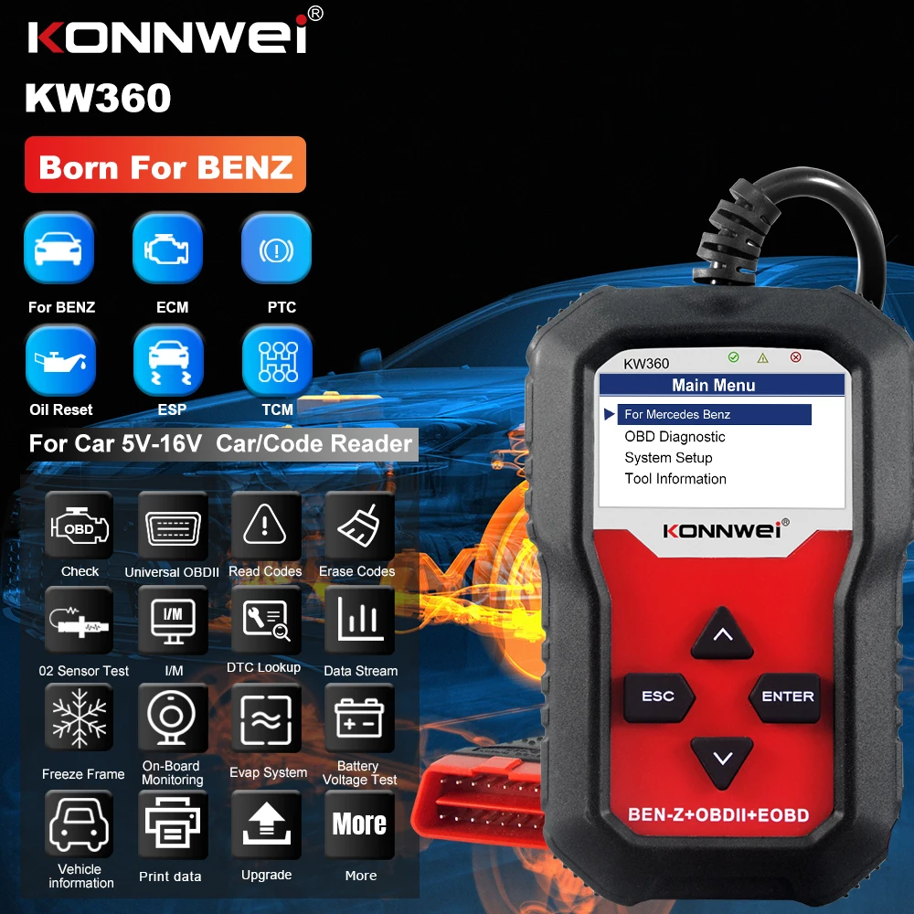 KONNWEI KW360 OBD2 сканер полные системы для Mercedes-Benz автомобильный диагностический инструмент для C300 W204 W205 W211 ABS подушка безопасности сброс масла
KONNWEI KW360 OBD2 сканер полные системы для Mercedes-Benz автомобильный диагностический инструмент для C300 W204 W205 W211 ABS подушка безопасности сброс масла