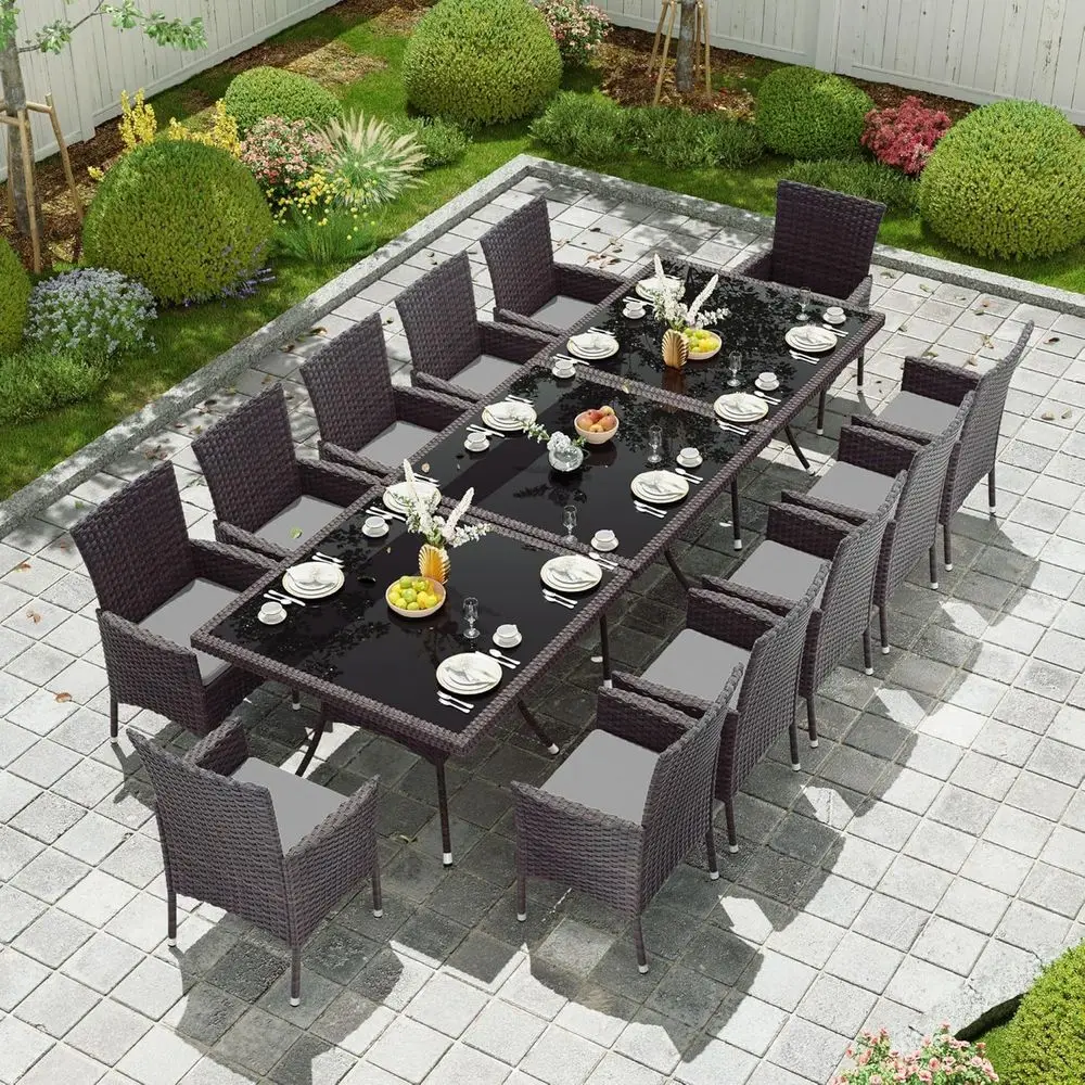 12-Piece Outdoor Patio Dining Set with Cushions, Square Glass Top, Grey
12-Piece Outdoor Patio Dining Set with Cushions, Square Glass Top, Grey