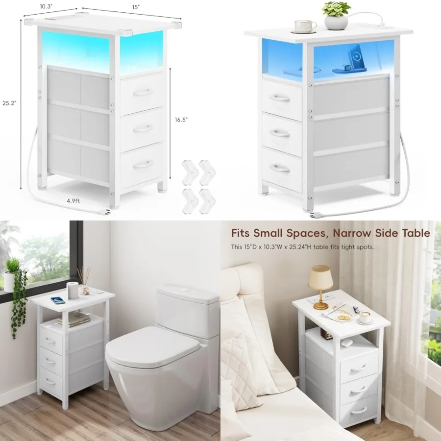 Nightstand with Charging Station and LED Lights, Narrow End Table, LED Nightstand with 3 Fabric Drawers for Bedroom, Small Beds
Nightstand with Charging Station and LED Lights, Narrow End Table, LED Nightstand with 3 Fabric Drawers for Bedroom, Small Beds