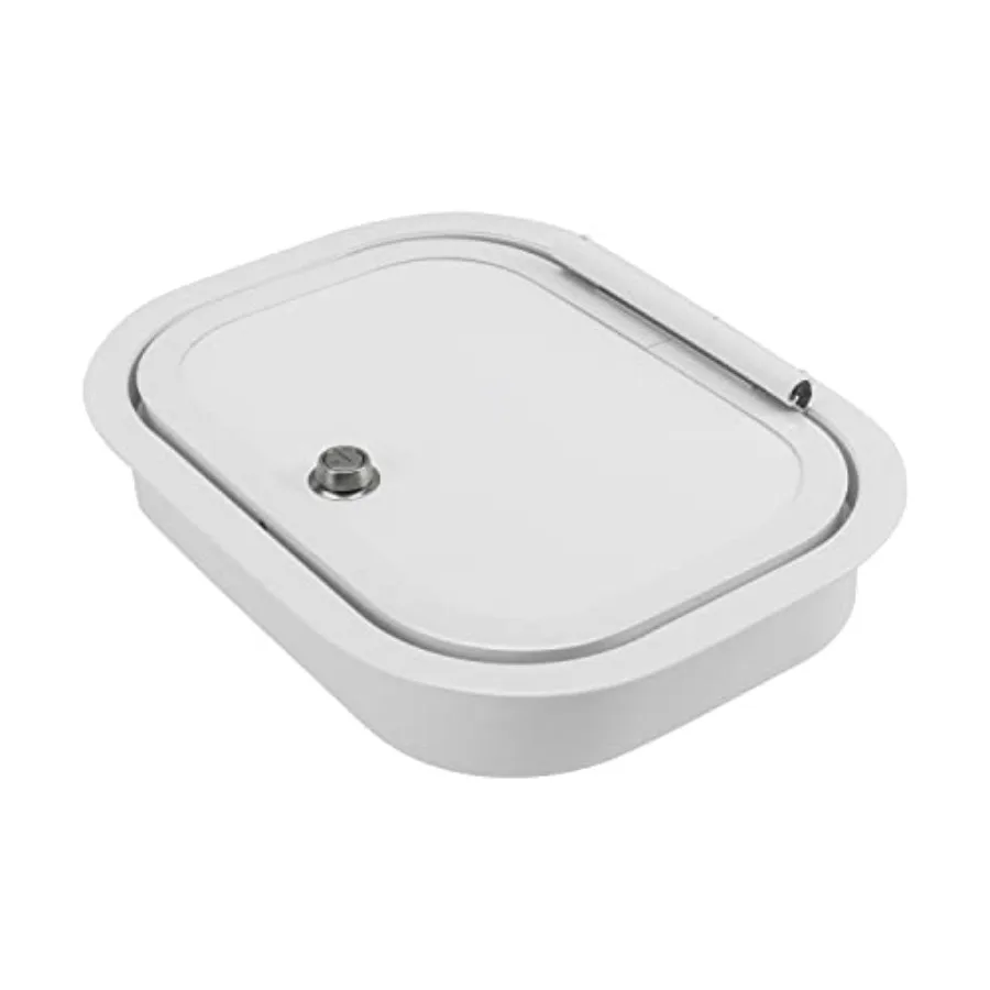 RV baggage door for compartment access storage, white ABS plastic, 12 W x 9 H with rounded corners and thumblocks, top hinge de
RV baggage door for compartment access storage, white ABS plastic, 12 W x 9 H with rounded corners and thumblocks, top hinge de