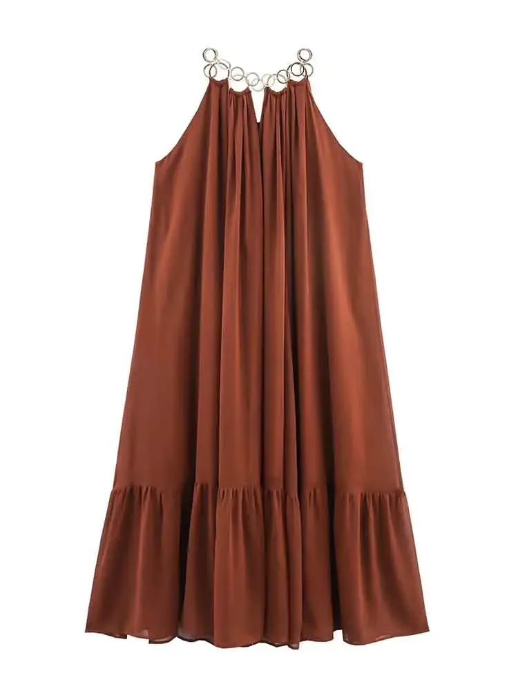 European style new women's fashion versatile temperament leisure metal decoration loose halter dress
European style new women's fashion versatile temperament leisure metal decoration loose halter dress
