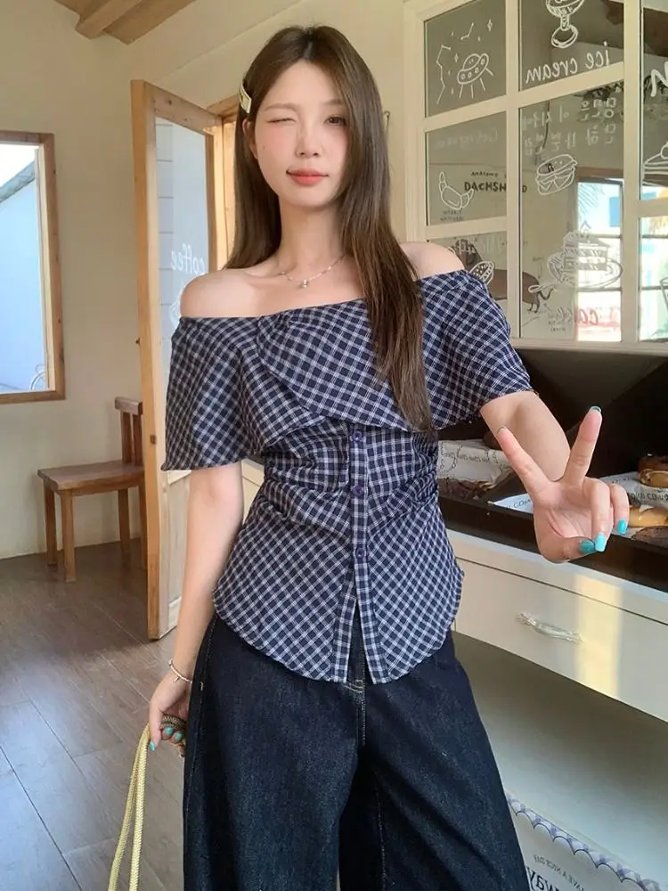 French Ruffled One-shoulder Plaid Shirt for Women Summer Korean Style New Unique Beautiful Tops
French Ruffled One-shoulder Plaid Shirt for Women Summer Korean Style New Unique Beautiful Tops