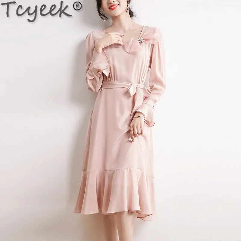 16MM Tcyeek Real Women Long Sleeve Belt Spring Summer Midi 100% Mulberry Silk Womens Dresses New Style
16MM Tcyeek Real Women Long Sleeve Belt Spring Summer Midi 100% Mulberry Silk Womens Dresses New Style