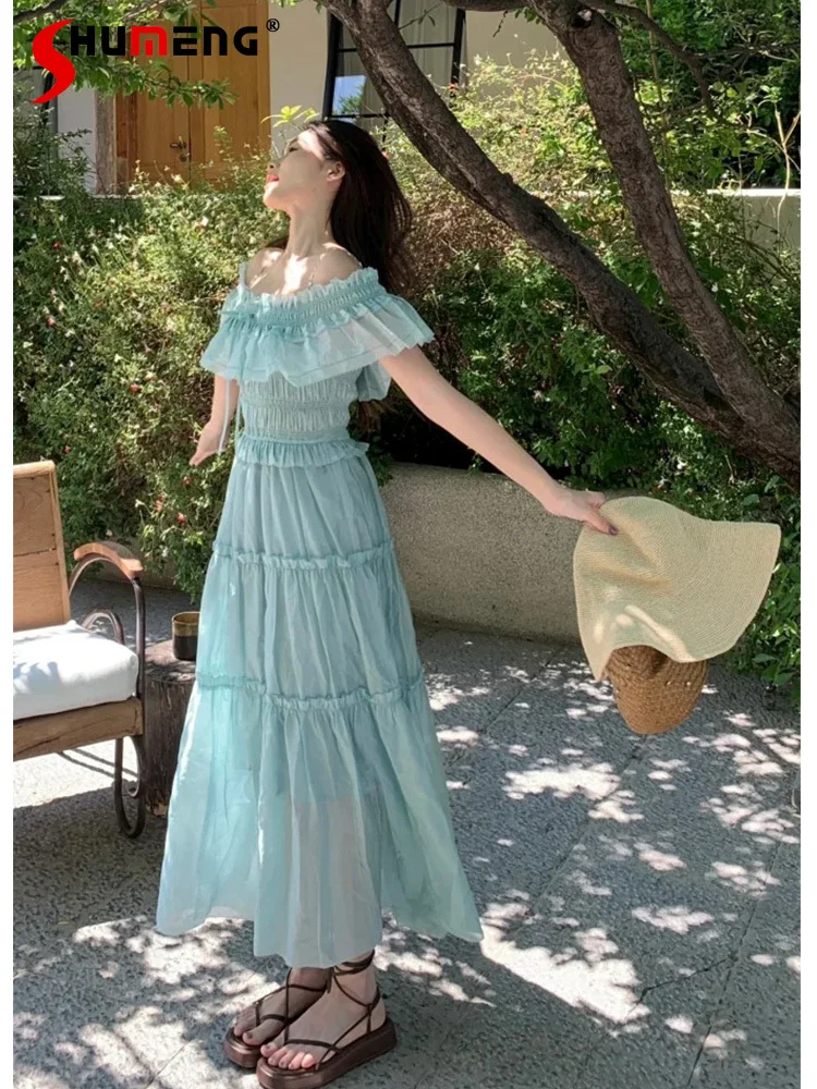 Japanese Elegant Sweet Holiday Style Long Dresses Off-shoulder Short Sleeve Ruffle Splicing High Waist A-line Sling Dress Women
Japanese Elegant Sweet Holiday Style Long Dresses Off-shoulder Short Sleeve Ruffle Splicing High Waist A-line Sling Dress Women