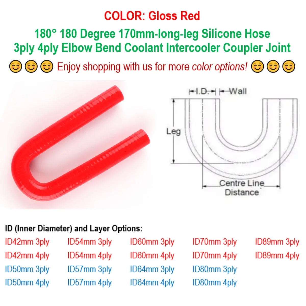 Gloss Red 180° 180 Degree Elbow Bend 3ply 4ply 170mm-long-leg Silicone Hose ID 42mm 50mm 54mm 57mm 60mm 64mm 70mm 80mm 89mm
Gloss Red 180° 180 Degree Elbow Bend 3ply 4ply 170mm-long-leg Silicone Hose ID 42mm 50mm 54mm 57mm 60mm 64mm 70mm 80mm 89mm