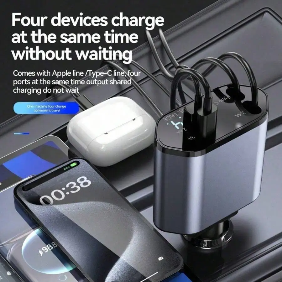 120W 4-Port Car Charger With Built-In Retractable Lightning And USB-C Cables For Simultaneous Fast Charging Of Multiple Devices
120W 4-Port Car Charger With Built-In Retractable Lightning And USB-C Cables For Simultaneous Fast Charging Of Multiple Devices