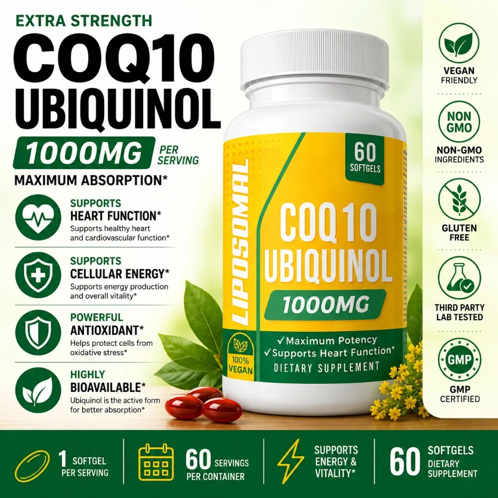 CoQ10 Ubiquinol 1000mg Vegan Softgels 60 Ct, Liposomal High Absorption Coenzyme Q10 for Heart Energy Antioxidant Daily Support
CoQ10 Ubiquinol 1000mg Vegan Softgels 60 Ct, Liposomal High Absorption Coenzyme Q10 for Heart Energy Antioxidant Daily Support
