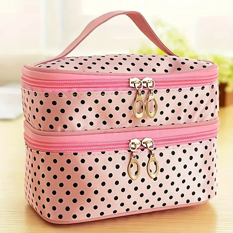 Double Layer Makeup Box Travel Cosmetic Bag with Mirror and Brush Holder Dot Pattern Portable Toiletry Organizer for Women Girls
Double Layer Makeup Box Travel Cosmetic Bag with Mirror and Brush Holder Dot Pattern Portable Toiletry Organizer for Women Girls