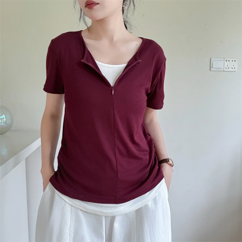 New Style Fake Two-Piece Design Sense Wrinkle Fashion Versatile Elastic Half-Zip T-Shirt for Women
New Style Fake Two-Piece Design Sense Wrinkle Fashion Versatile Elastic Half-Zip T-Shirt for Women