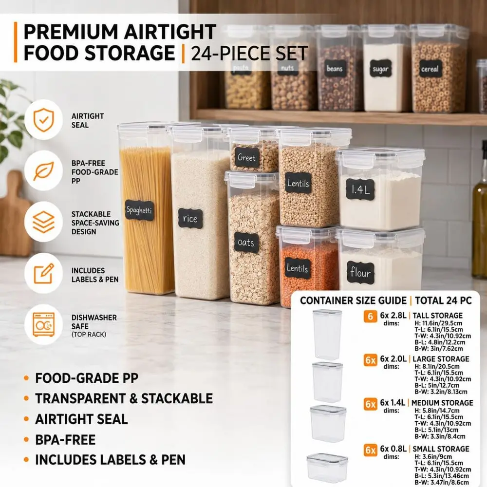 Food Storage Containers Set Of 24, Airtight PP Cereal Grains Pantry Organization Jars With Chalkboard Labels & Marker, 4
Food Storage Containers Set Of 24, Airtight PP Cereal Grains Pantry Organization Jars With Chalkboard Labels & Marker, 4