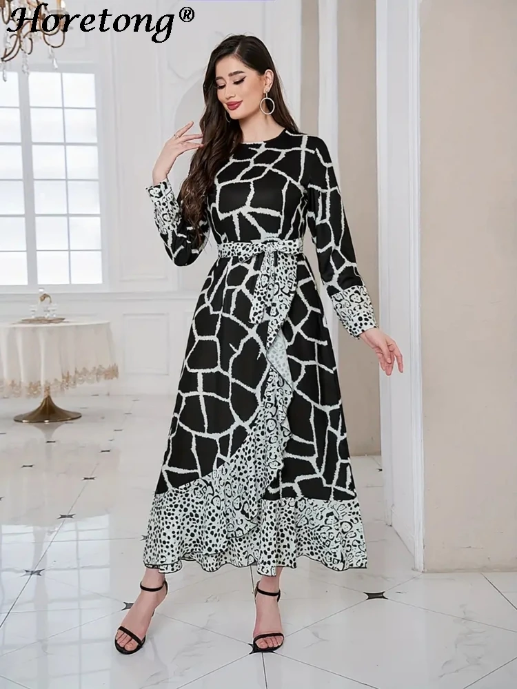 Horetong 2026 Muslim Abaya Women Print Ruffle Patchwork Round Neck Shirt Long Sleeve Belted Elegant Modest Islamic Maxi Dress
Horetong 2026 Muslim Abaya Women Print Ruffle Patchwork Round Neck Shirt Long Sleeve Belted Elegant Modest Islamic Maxi Dress