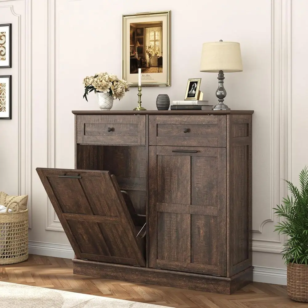 20 Gallon Farmhouse Style Wood Garbage Bin Cabinet with Drawers and Tilt-Out Laundry Hamper for Kitchen and Bathroom Storage, Br
20 Gallon Farmhouse Style Wood Garbage Bin Cabinet with Drawers and Tilt-Out Laundry Hamper for Kitchen and Bathroom Storage, Br