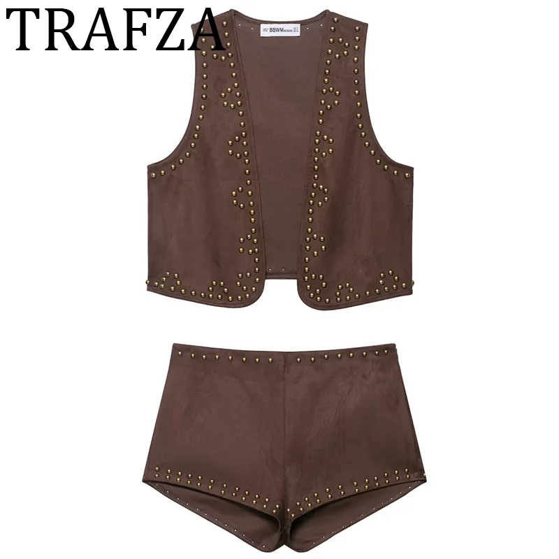 TRAFZA 2025 New Shorts Set Brown Faux Suede Vest+High-Waist Shorts 2 Piece Set Outfits Women Personality Punk Streetwear Suit
TRAFZA 2025 New Shorts Set Brown Faux Suede Vest+High-Waist Shorts 2 Piece Set Outfits Women Personality Punk Streetwear Suit