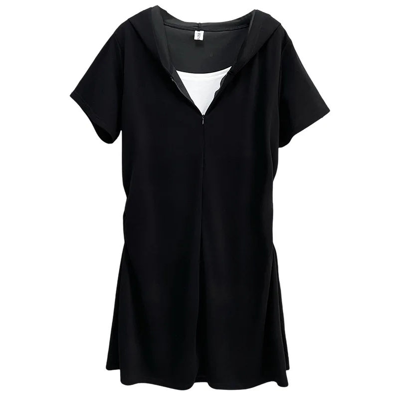 100kg Summer Plus Size Dress New Simple Temperament Slim Hooded Fake Two Piece Short Sleeve Women Dress 1630 
100kg Summer Plus Size Dress New Simple Temperament Slim Hooded Fake Two Piece Short Sleeve Women Dress 1630