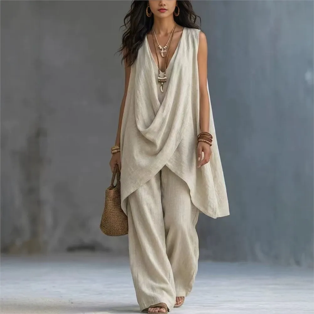 Summer Women's Sleeveless V-Neck Asymmetrical Top Wide Leg Pants Set Casual Linen Blend Two Piece Beach Vacation Solid Color
Summer Women's Sleeveless V-Neck Asymmetrical Top Wide Leg Pants Set Casual Linen Blend Two Piece Beach Vacation Solid Color