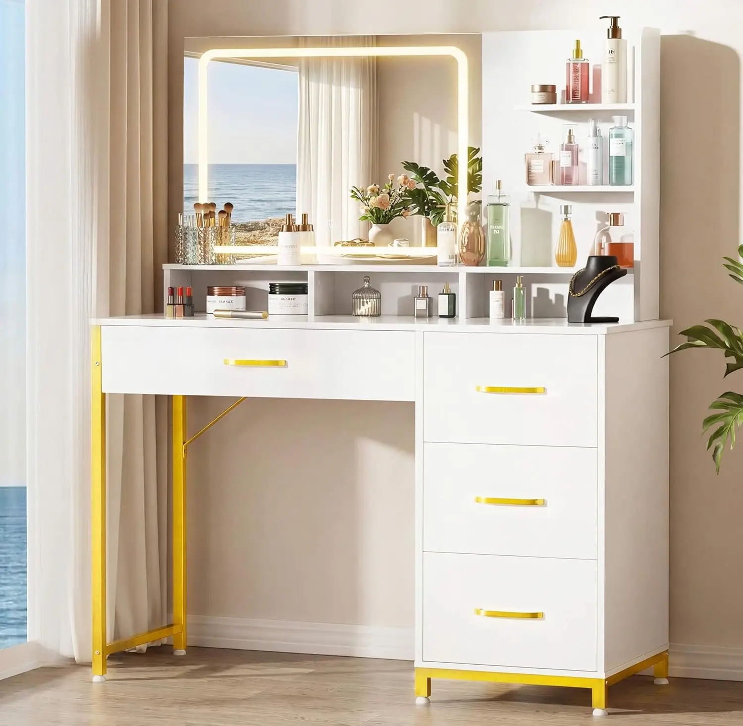 Vanity Desk with Mirror and Lights, Makeup Table with 4 Drawers & Storage Shelves, Large HD Mirror, 3 Color Modes & Adjustable
Vanity Desk with Mirror and Lights, Makeup Table with 4 Drawers & Storage Shelves, Large HD Mirror, 3 Color Modes & Adjustable