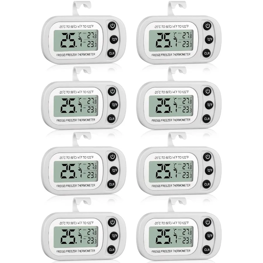 8 Pack White Digital Fridge Thermometer with Waterproof Design Max Min Temperature Record Function LCD Screen Display Hook and
8 Pack White Digital Fridge Thermometer with Waterproof Design Max Min Temperature Record Function LCD Screen Display Hook and