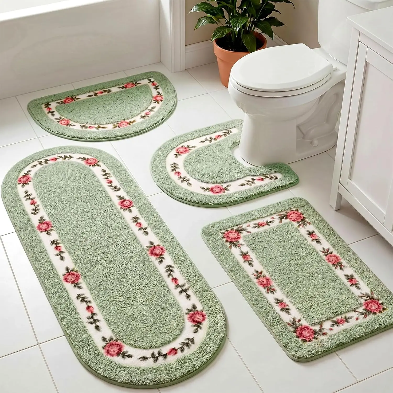 4 Pcs Rose Floral Bathroom Rugs Set Non Slip Absorbent Washable Door Mat for Home Hotel, 4 Shapes(Green)
4 Pcs Rose Floral Bathroom Rugs Set Non Slip Absorbent Washable Door Mat for Home Hotel, 4 Shapes(Green)