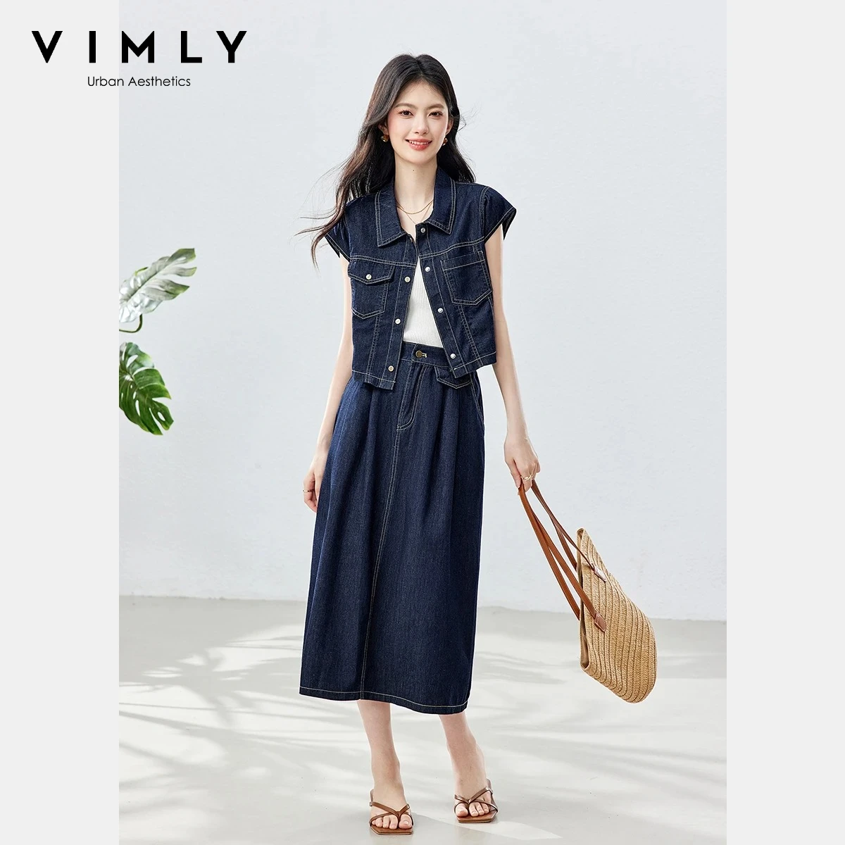 VIMLY Fashion Denim Two-Piece Sets Women Lapel Collar Flutter Sleeve Vest Straight Skirt Lightweight Office Lady Outfits 31129
VIMLY Fashion Denim Two-Piece Sets Women Lapel Collar Flutter Sleeve Vest Straight Skirt Lightweight Office Lady Outfits 31129