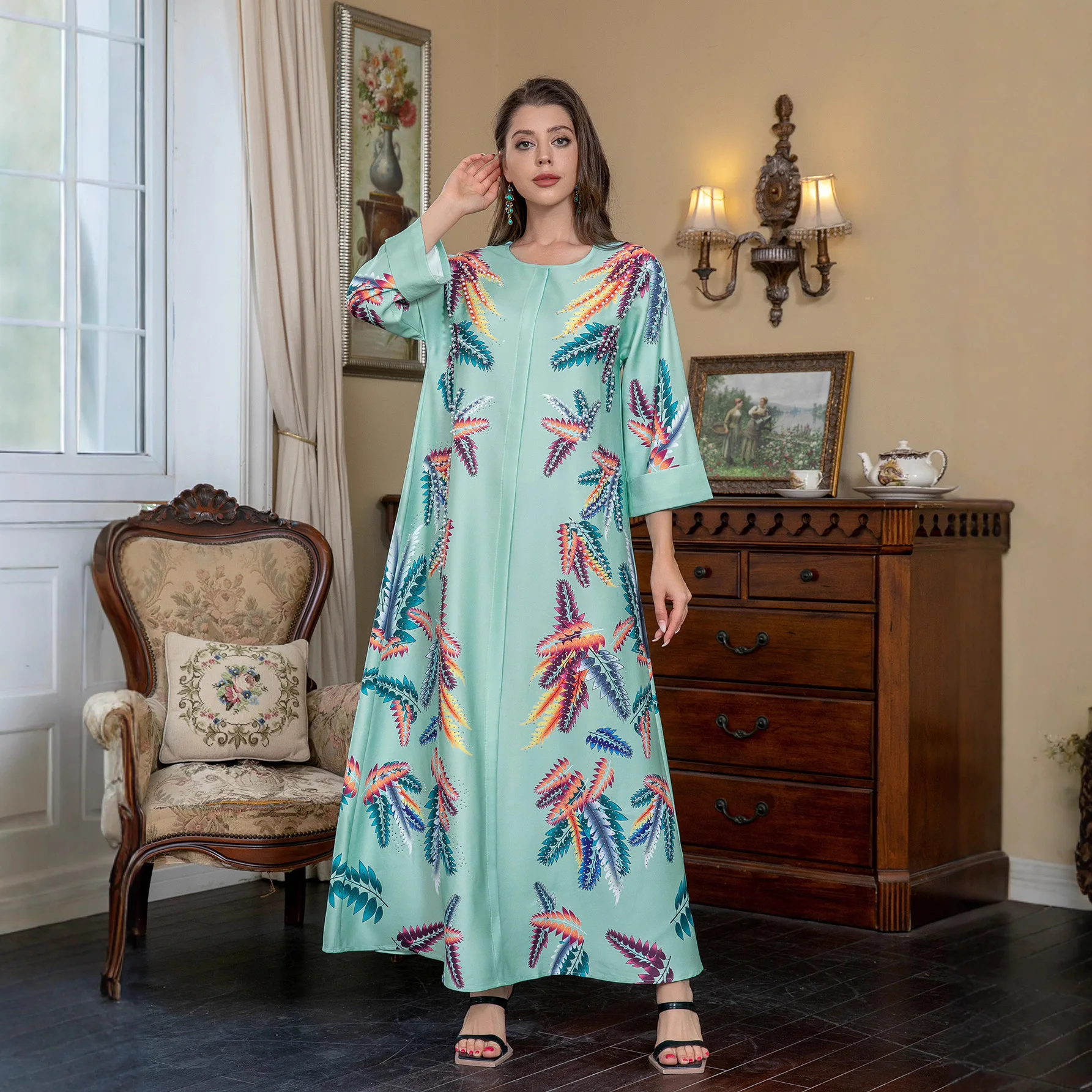 Zd017 Women's Long Robe With Printed Traditional Dressess And Beads, Ethnic Style Long Sleeve Dress Dubai Luxury Islam Elegant
Zd017 Women's Long Robe With Printed Traditional Dressess And Beads, Ethnic Style Long Sleeve Dress Dubai Luxury Islam Elegant