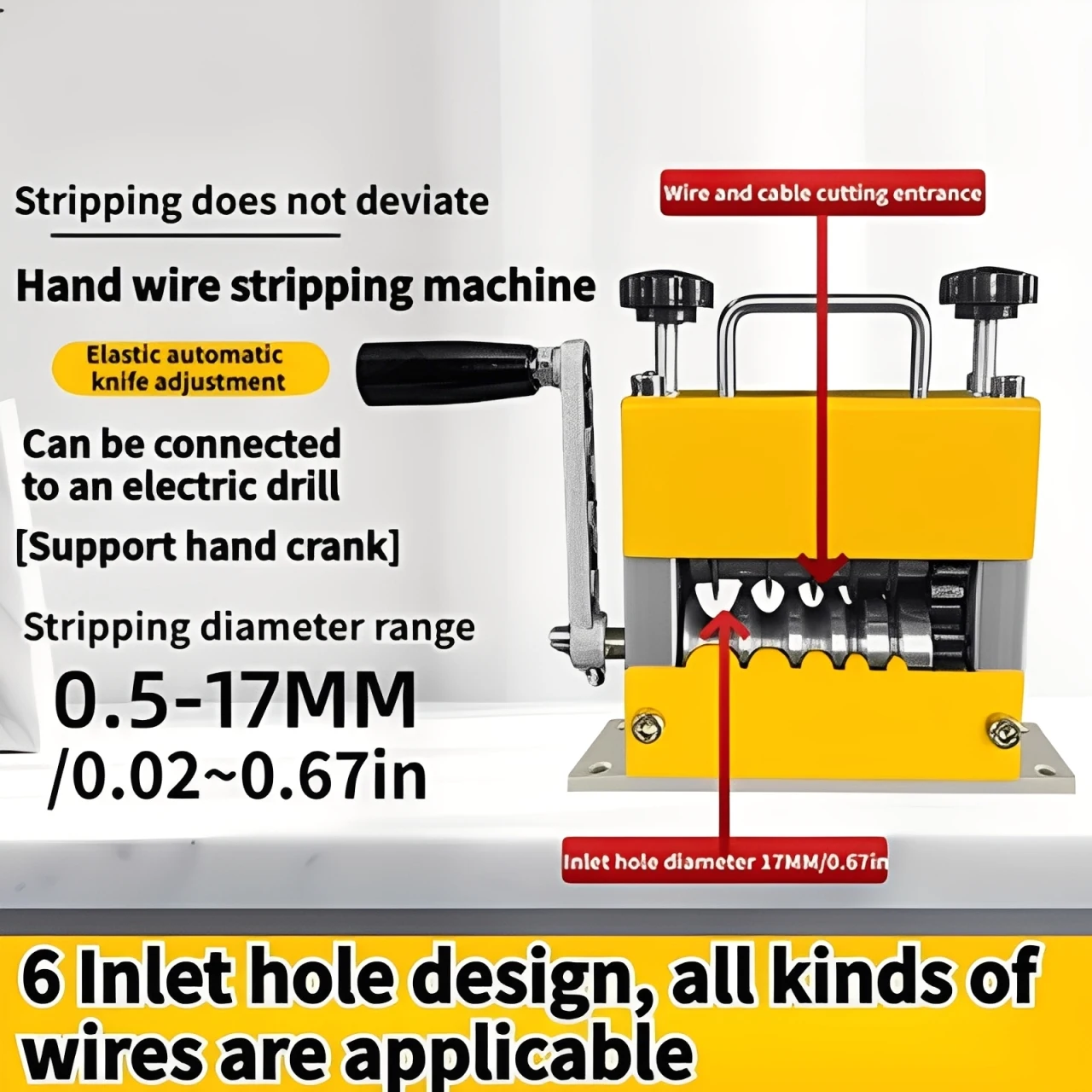 Upgraded Handheld Honeycomb Six-Hole Wire Stripping Machine Hand Crank & Plugable Electric Drill Compatible for Wire Stripping
Upgraded Handheld Honeycomb Six-Hole Wire Stripping Machine Hand Crank & Plugable Electric Drill Compatible for Wire Stripping