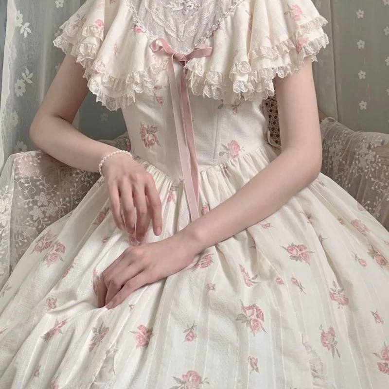 Coalfell Rose Pattern French Sweet Lolita Frock Exquisite Lace Collar Fairy Summer Dress Women Princess One-piece Elegant Dress
Coalfell Rose Pattern French Sweet Lolita Frock Exquisite Lace Collar Fairy Summer Dress Women Princess One-piece Elegant Dress