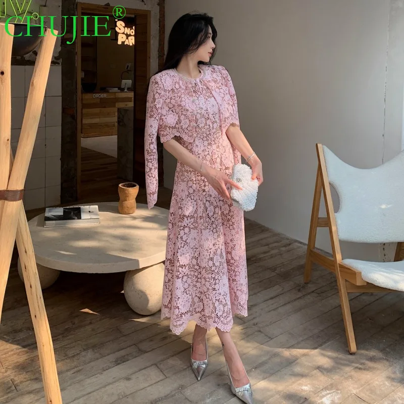 CHUJIE Новый элегантный светский стиль розовый водорастворимый кружевной кардиган с длинными рукавами/платье без рукавов - тяжелое ремесло - вечернее платье
CHUJIE Новый элегантный светский стиль розовый водорастворимый кружевной кардиган с длинными рукавами/платье без рукавов - тяжелое ремесло - вечернее платье