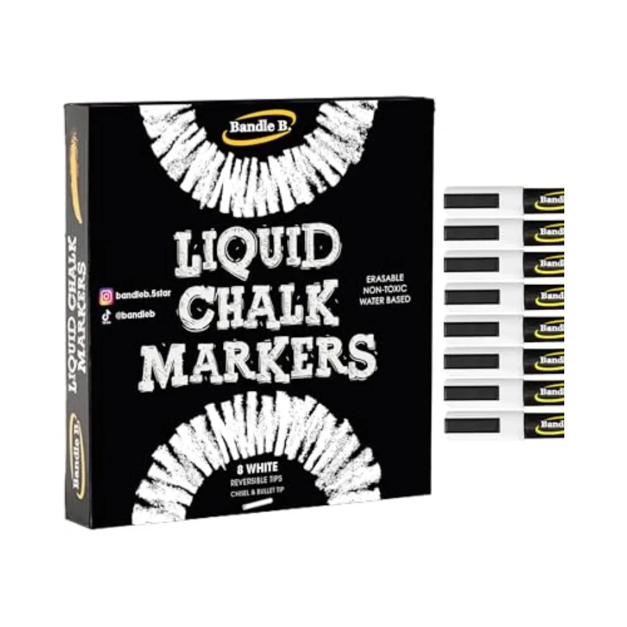 Bandle B. Chalk Markers - 8 White, Erasable, Non-Toxic, Water-Based, Reversible Tips, Crisp White For and Grown-Ups for Glass a
Bandle B. Chalk Markers - 8 White, Erasable, Non-Toxic, Water-Based, Reversible Tips, Crisp White For and Grown-Ups for Glass a